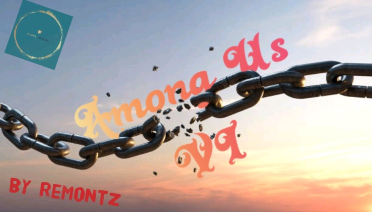Among Us VI graphic: features a broken chain amid the backdrop of a sunsetting sky -- with the title Among Us interposed against the chain.  The stories by dude logo is in upper left corner